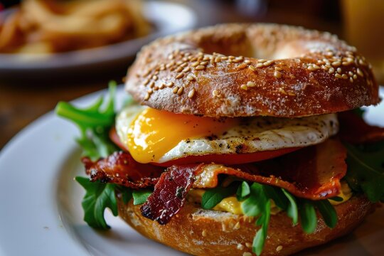 A delicious bagel sandwich filled with crispy bacon, scrambled eggs, and fresh lettuce. Perfect for a hearty breakfast or brunch option