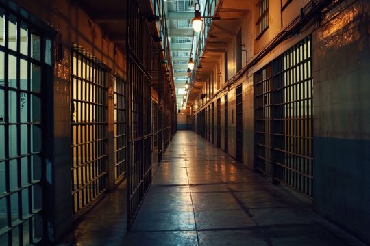 A long hallway inside a jail cell. This image can be used to depict incarceration, prison life, or justice system-related concepts