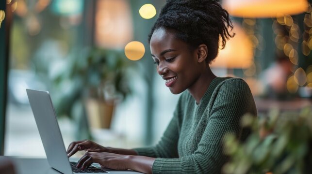 A woman sitting at a table using a laptop computer. Suitable for various business and technology related themes