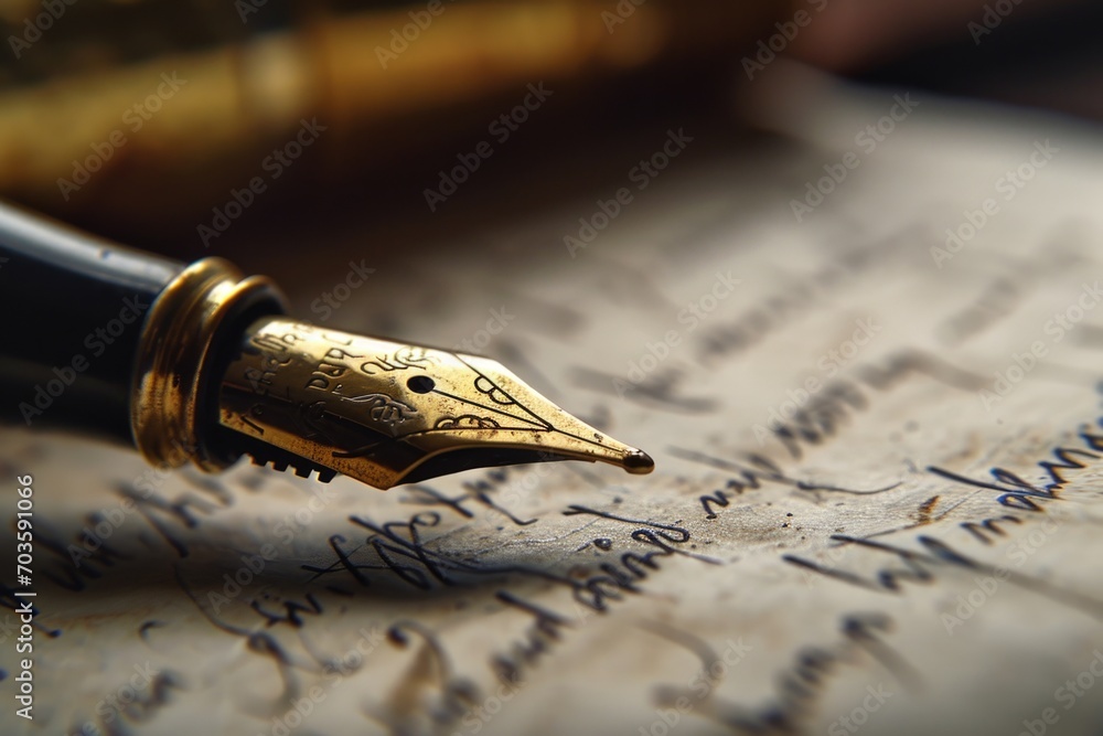Poster a close-up image of a fountain pen placed on top of a piece of paper. this versatile picture can be 