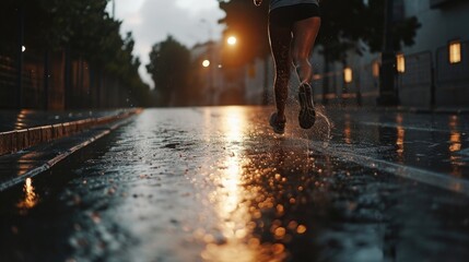 A person running in the rain with an umbrella. Perfect for illustrating the concept of protection from the elements - obrazy, fototapety, plakaty