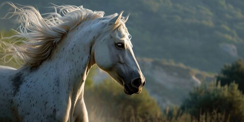 A detailed shot of a horse with a majestic mountain in the background. This image can be used to depict the beauty of nature and the strength of animals.