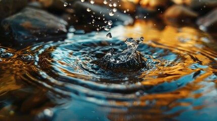 A close up view of a single water drop in a body of water. This image can be used to represent concepts such as purity, nature, and the beauty of water