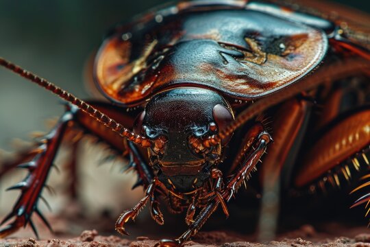 A detailed view of a cockroach sitting on a rock. This image can be used to depict insects, pests, or nature photography