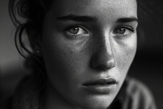A black and white photo capturing the natural beauty of a woman with freckles. This image can be used to showcase individuality and diversity