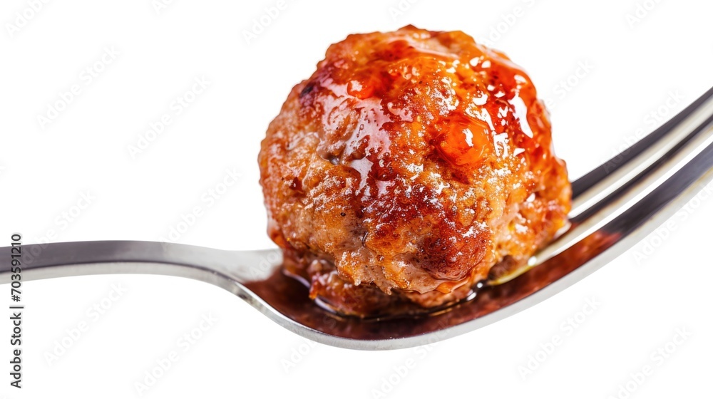 Poster a picture of a meatball on a fork with sauce. this versatile image can be used to showcase delicious