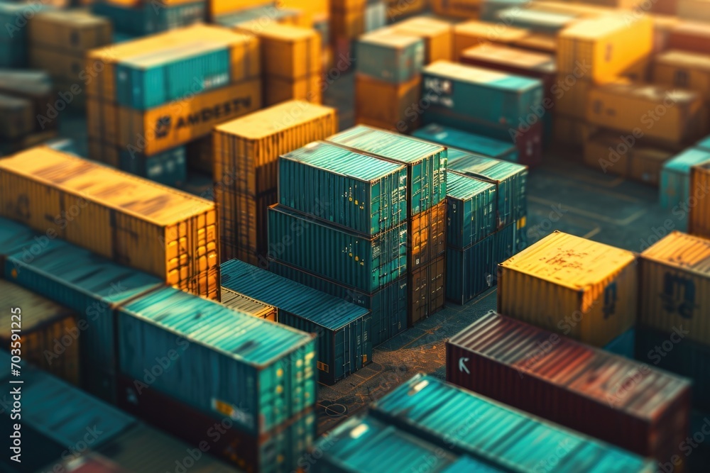 Poster A group of shipping containers stacked on top of each other. Versatile image suitable for illustrating logistics, transportation, import/export, or global trade concepts