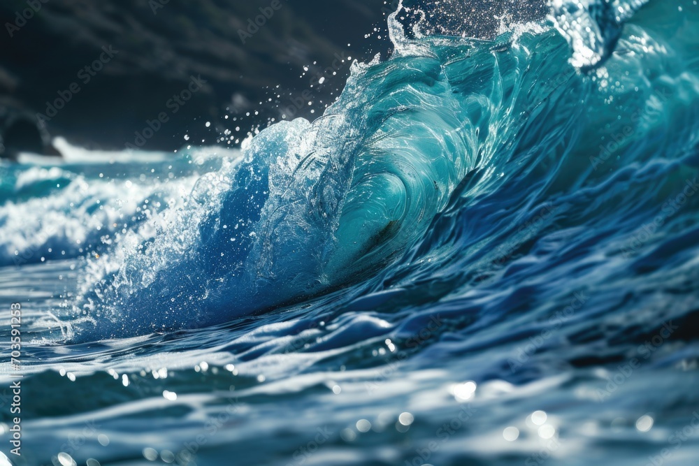Poster A detailed close up of a wave in the ocean. Perfect for use in nature and water-related projects