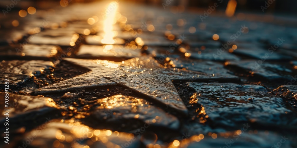 Aufkleber A close up view of a star-shaped object on a wet surface. This image can be used to represent water droplets or reflections