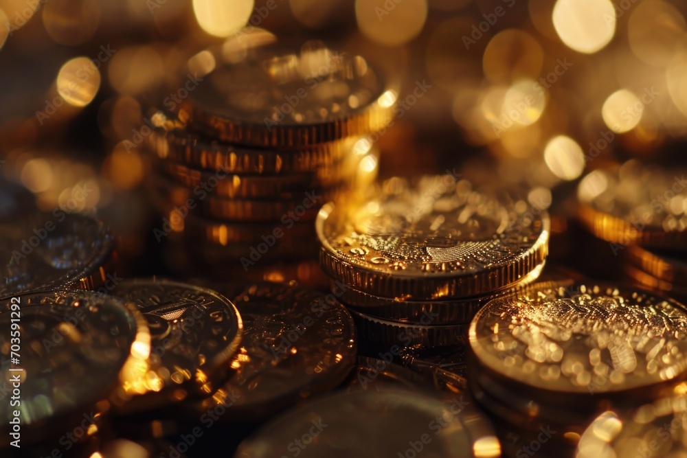 Poster a pile of gold coins neatly stacked on top of each other. perfect for financial concepts or wealth-r