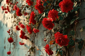 A bunch of red roses growing on a wall. Can be used for floral backgrounds or as a symbol of love and romance.