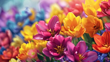 A vibrant and close-up view of a bunch of colorful flowers. Perfect for adding a pop of color to any project or design