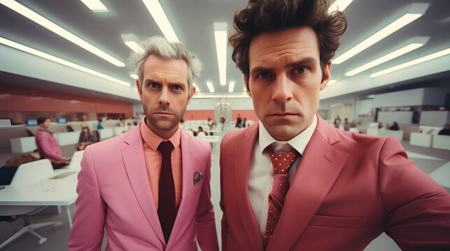 Quirky and eccentric office workers - pink suits - offbeat humor - low angle shot 