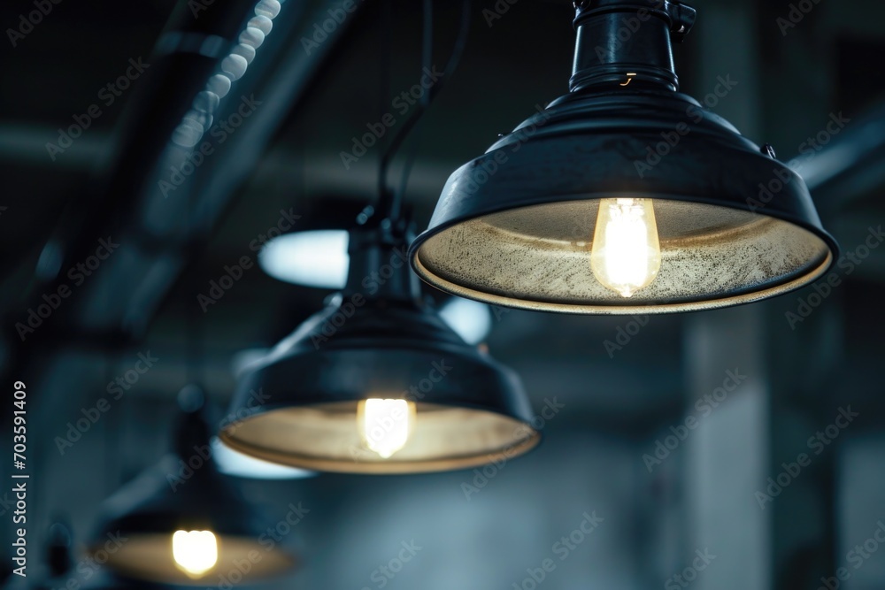 Poster a picture of a bunch of lights hanging from a ceiling. can be used to add a warm and cozy ambiance t