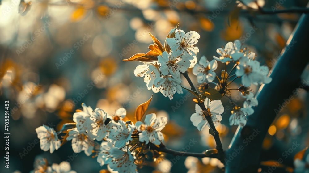Poster A detailed view of a tree with beautiful white flowers. Perfect for adding a touch of nature to any project