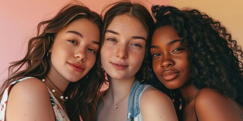 Fototapeta premium Three girls posing for a picture together. Ideal for group photos, friendship themes, and social media content