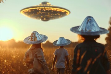 Group of people wearing hats in a field. Suitable for outdoor activities or events