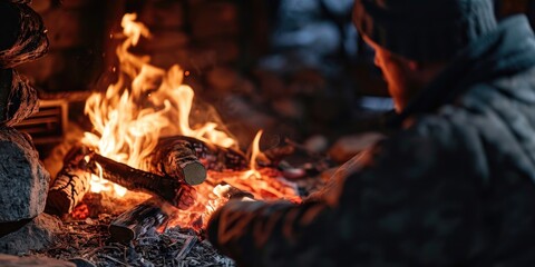 A person is seen roasting marshmallows over a campfire. This image can be used to depict camping, outdoor activities, or enjoying a bonfire