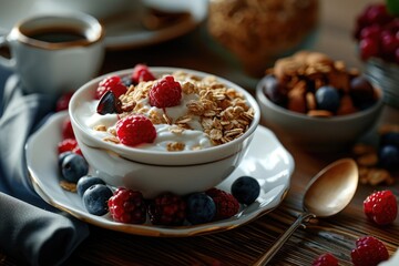 A delicious bowl of yogurt topped with fresh berries and crunchy granola. Perfect for a healthy breakfast or snack