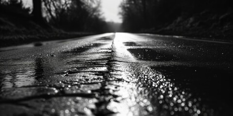 A black and white photo of a wet road. Suitable for various projects
