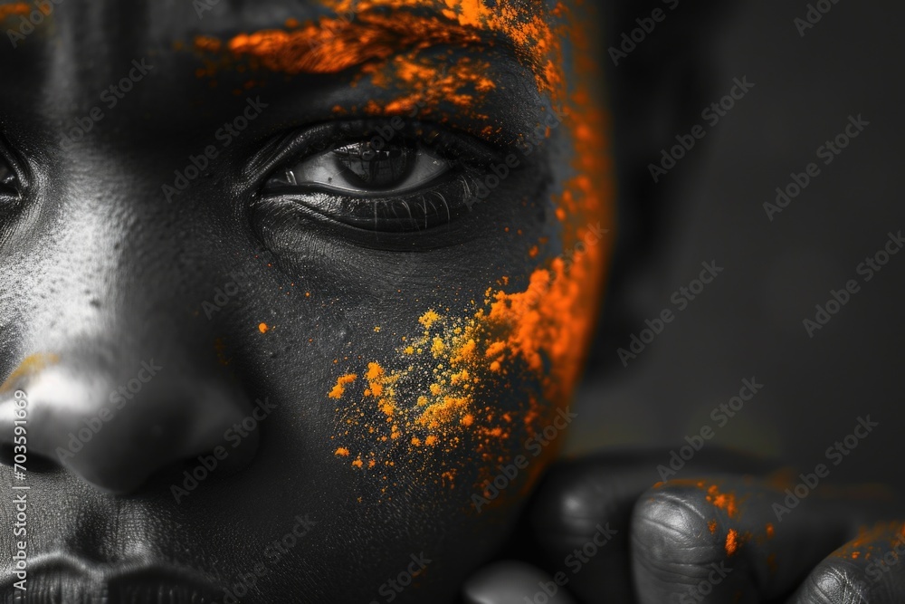 Poster a detailed close-up of a person with orange paint on their face. this image can be used for various 