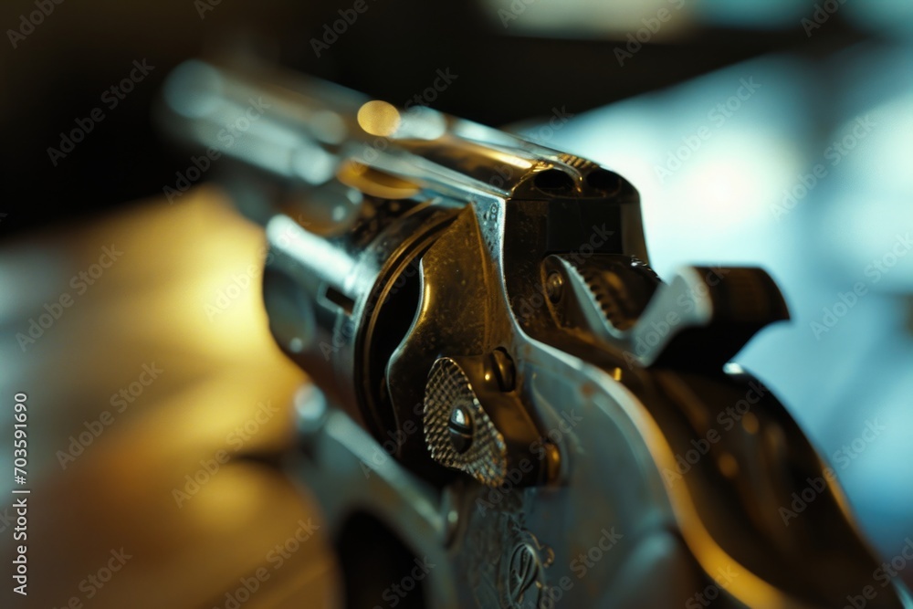 Poster close up view of a gun resting on a table. ideal for illustrating themes of crime, danger, law enfor