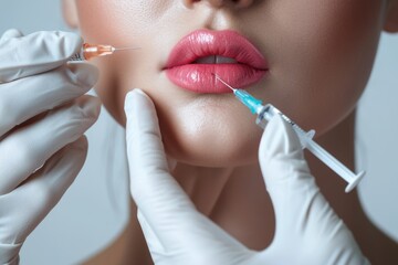 Woman receiving a lip injection from a nurse. Suitable for medical or cosmetic themed projects - obrazy, fototapety, plakaty