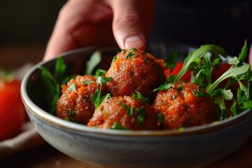 A person holding a bowl of delicious meatball food. Perfect for food blogs, recipes, or restaurant promotions - obrazy, fototapety, plakaty