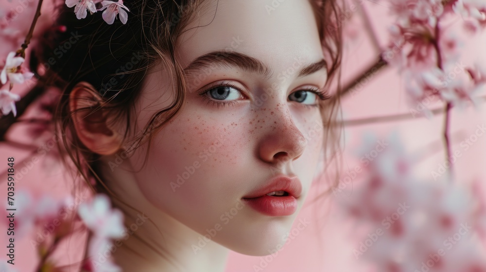 Poster a woman with freckles holding a pink umbrella. perfect for adding a pop of color on a rainy day