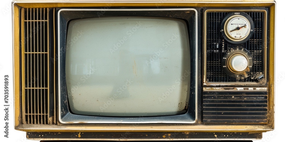 Poster an old fashioned television with a clock on top. perfect for nostalgic and retro-themed designs