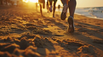 A group of people running on a beautiful beach at sunset. Perfect for promoting fitness and outdoor activities