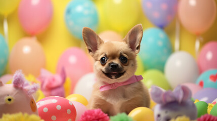 Fototapeta na wymiar A playful scene of a puppy wearing bunny ears amidst a backdrop of Easter decorations and pastel balloons.