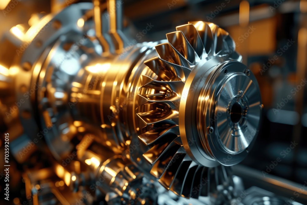 Poster Close up view of a machine's turbine. Versatile image suitable for industrial, technology, and engineering concepts