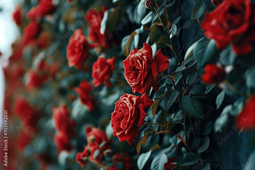 Poster a bunch of red roses growing on a wall. suitable for various occasions and themes