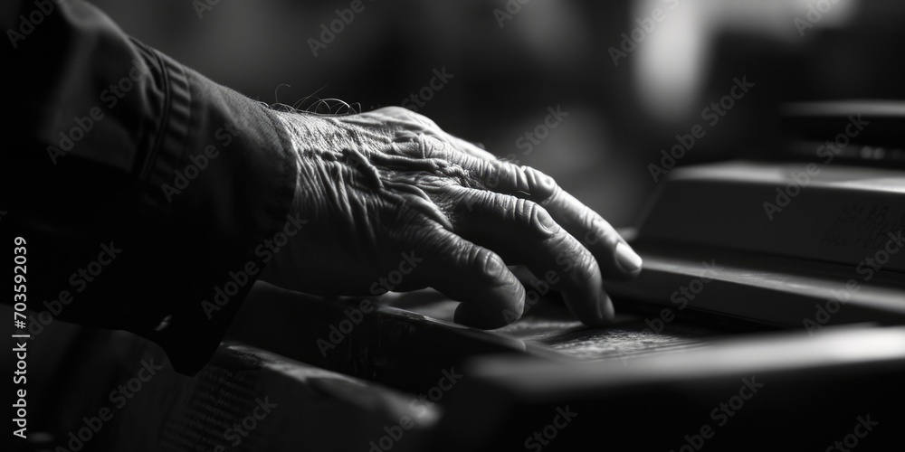 Poster a close up view of a person playing the piano. perfect for music-related designs and projects