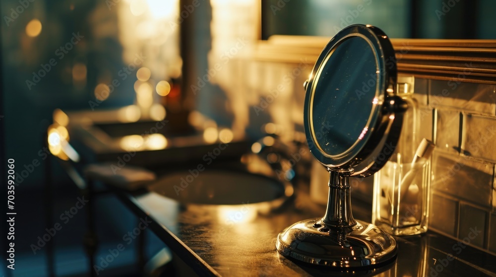 Poster a mirror sitting on top of a counter next to a sink. can be used for bathroom or interior design con