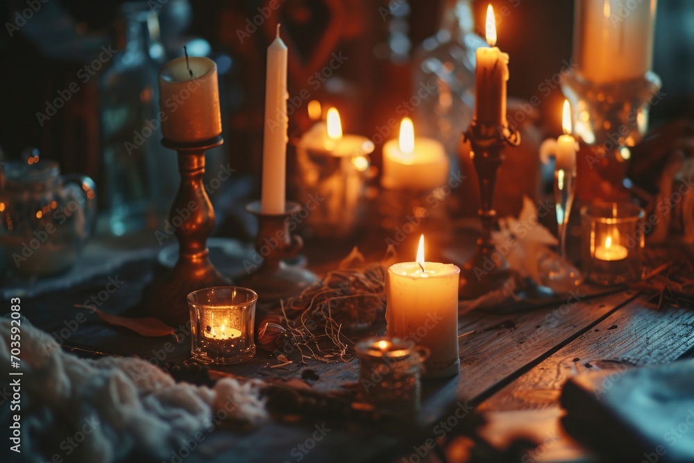 Poster A table adorned with a multitude of flickering candles, creating a warm and inviting ambiance. Perfect for creating an intimate atmosphere for a romantic dinner or special event