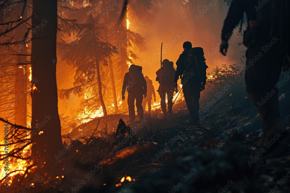 Poster a group of people walking through a forest with a fire in the background. perfect for outdoor advent