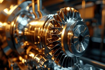 Close up view of a machine's turbine. Versatile image suitable for industrial, technology, and engineering concepts - obrazy, fototapety, plakaty