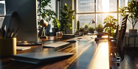 A desk with a keyboard and a monitor. Perfect for office or work-related projects