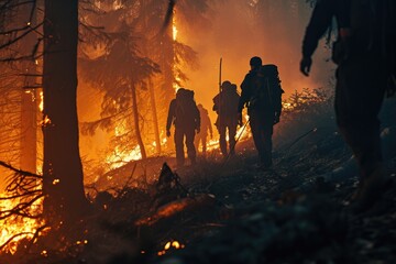 A group of people walking through a forest with a fire in the background. Perfect for outdoor adventure or camping themes