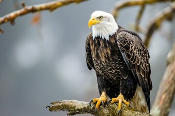 A bald eagle sitting majestically on top of a tree branch. Perfect for nature and wildlife enthusiasts