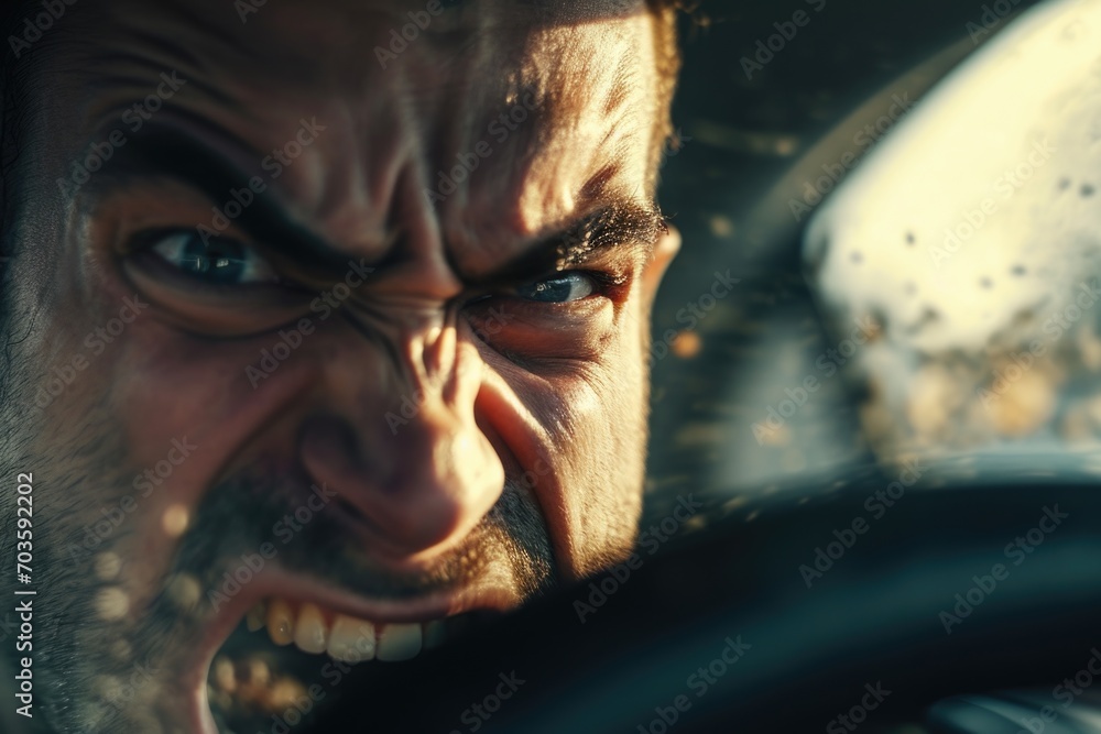 Poster a close-up view of a man's face inside a car. this image can be used to depict various emotions and 