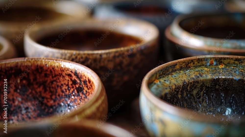 Poster a close-up view of a group of bowls on a table. perfect for showcasing kitchenware or for use in a r