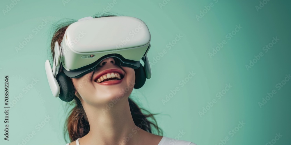 Poster woman using a virtual reality headset. perfect for illustrating the concept of virtual reality techn