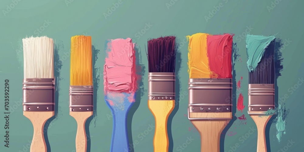 Poster a row of paint brushes showcasing a variety of vibrant colors. ideal for artistic projects and creat