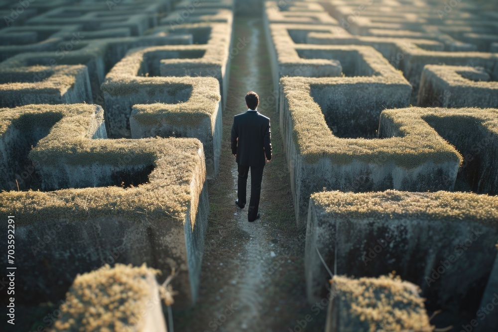Poster A man in a suit navigating through a maze. Suitable for business, problem-solving, and decision-making concepts