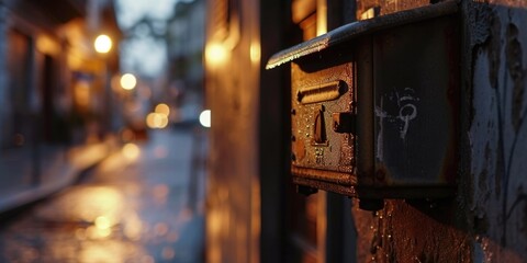 A picture of a mailbox attached to the side of a building. Can be used to represent mail delivery, communication, or urban settings