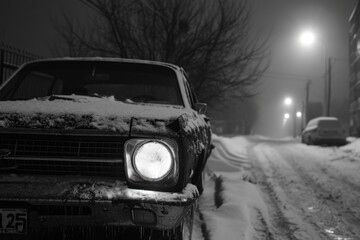 A black and white photo of a car covered in snow. Perfect for winter-themed designs and concepts