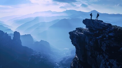 Two people standing on top of a mountain. Great for adventure, success, and teamwork concepts